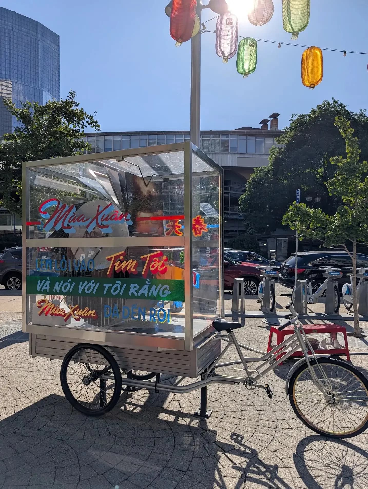 A glass-sided street-food cart with hand-painted lettering under paper lanterns, Boston Chinatown.