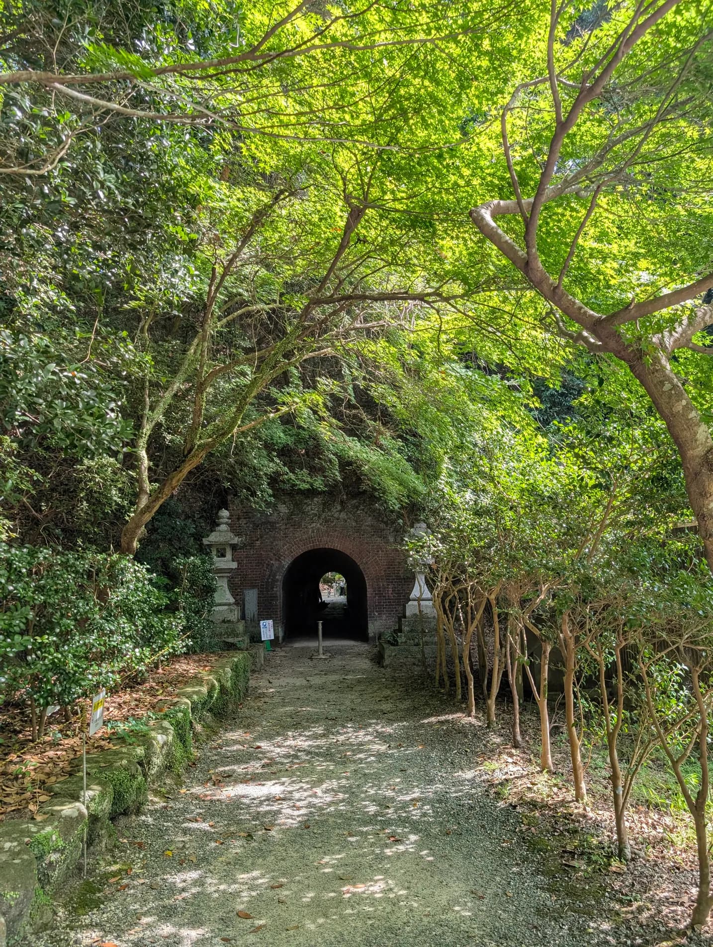 A leafy forest path leading to a small stone tunnel, Fukuoka.