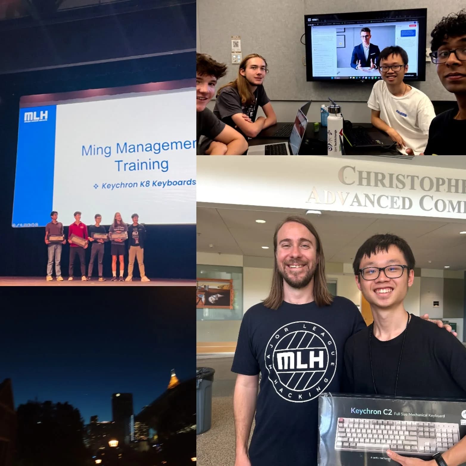 A collage from HackGT 12: the Ming team on stage, the team at work, and SL with an MLH organiser holding the prize keyboard.