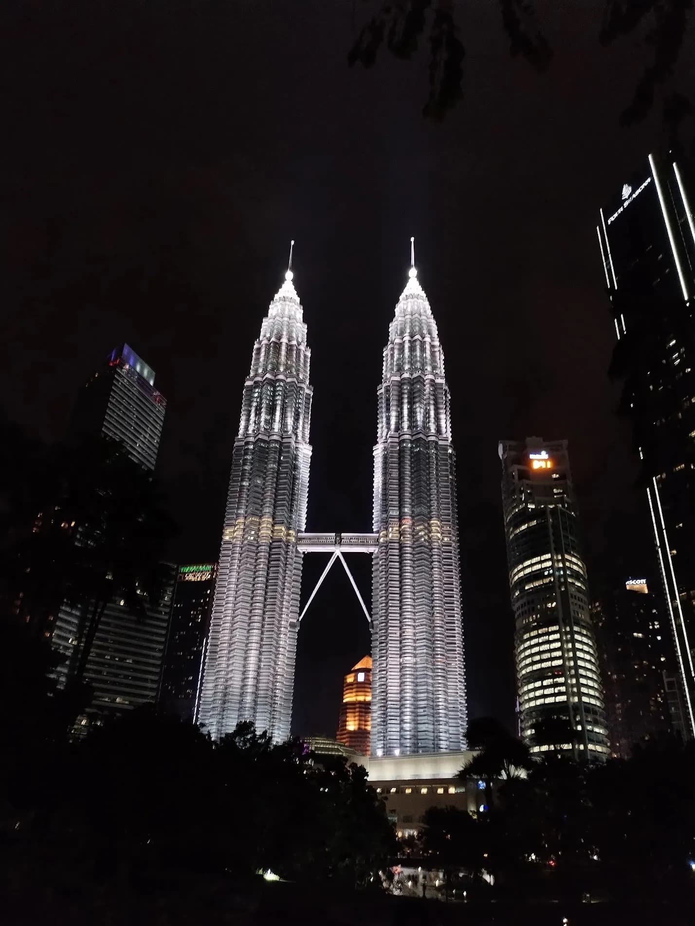 The Petronas Towers lit up at night.