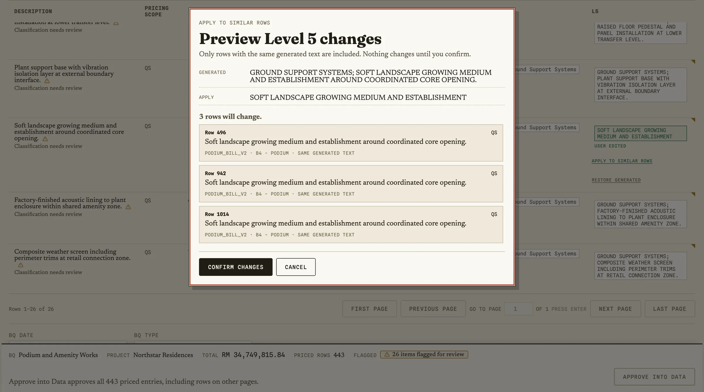 Arkiba’s review screen for the synthetic Northstar Residences bill, with a dialog previewing one Level 5 classification correction applied to three identical rows.