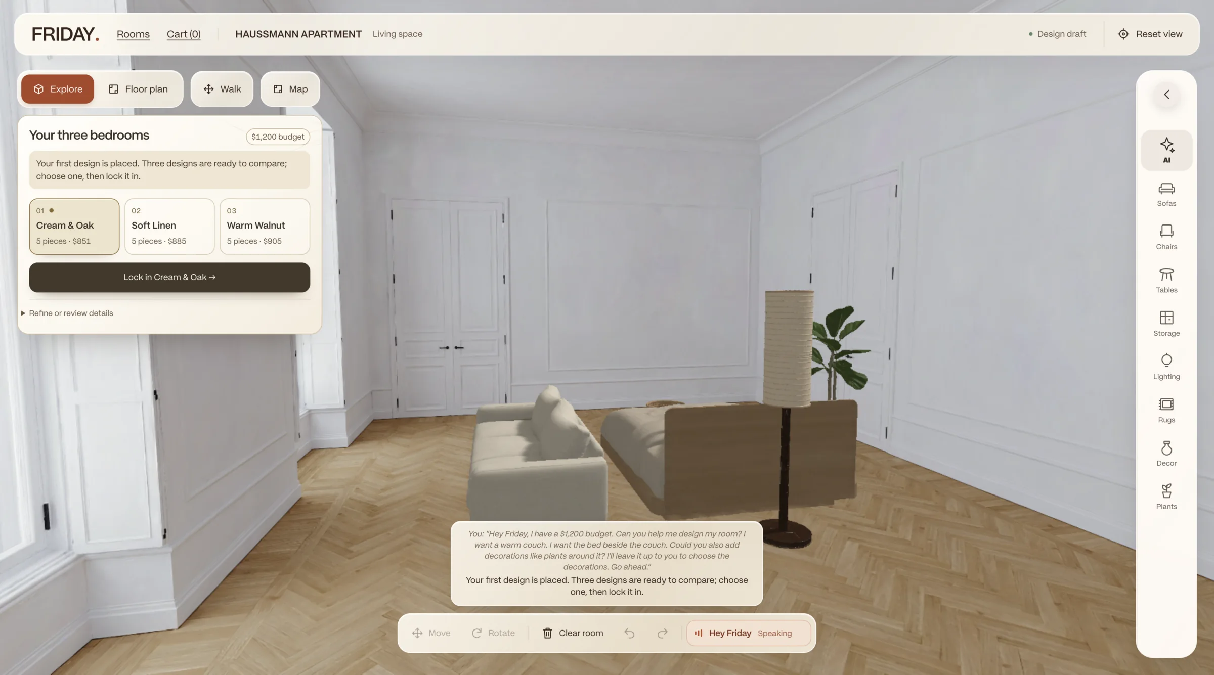 The FRIDAY editor inside a furnished Parisian apartment, with a panel comparing three bedroom designs priced at $851, $885 and $905.