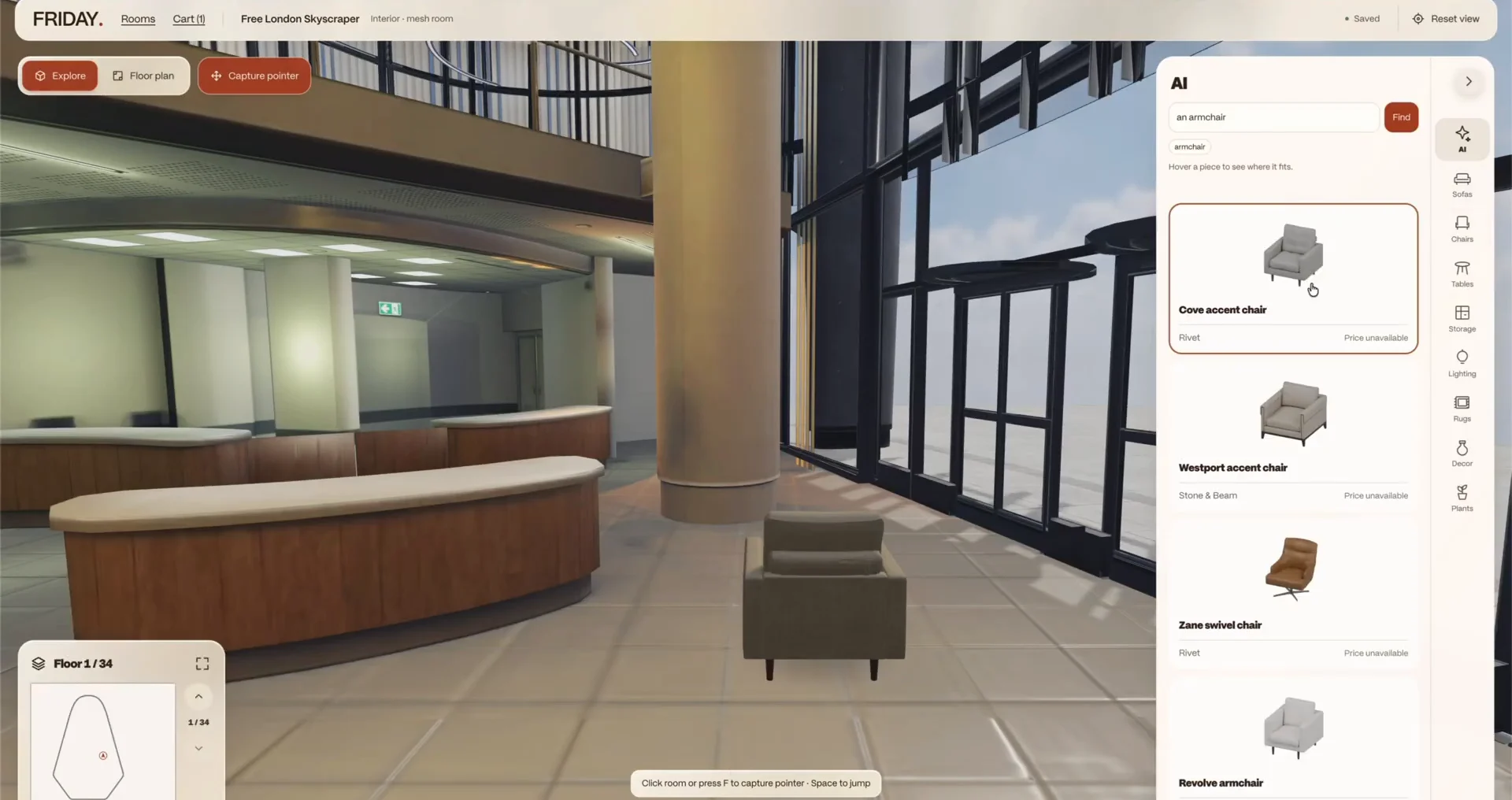 The FRIDAY editor on a skyscraper floor, by a reception desk and floor-to-ceiling windows: an armchair in the room, and the AI panel on the right listing the armchairs found for “an armchair”.
