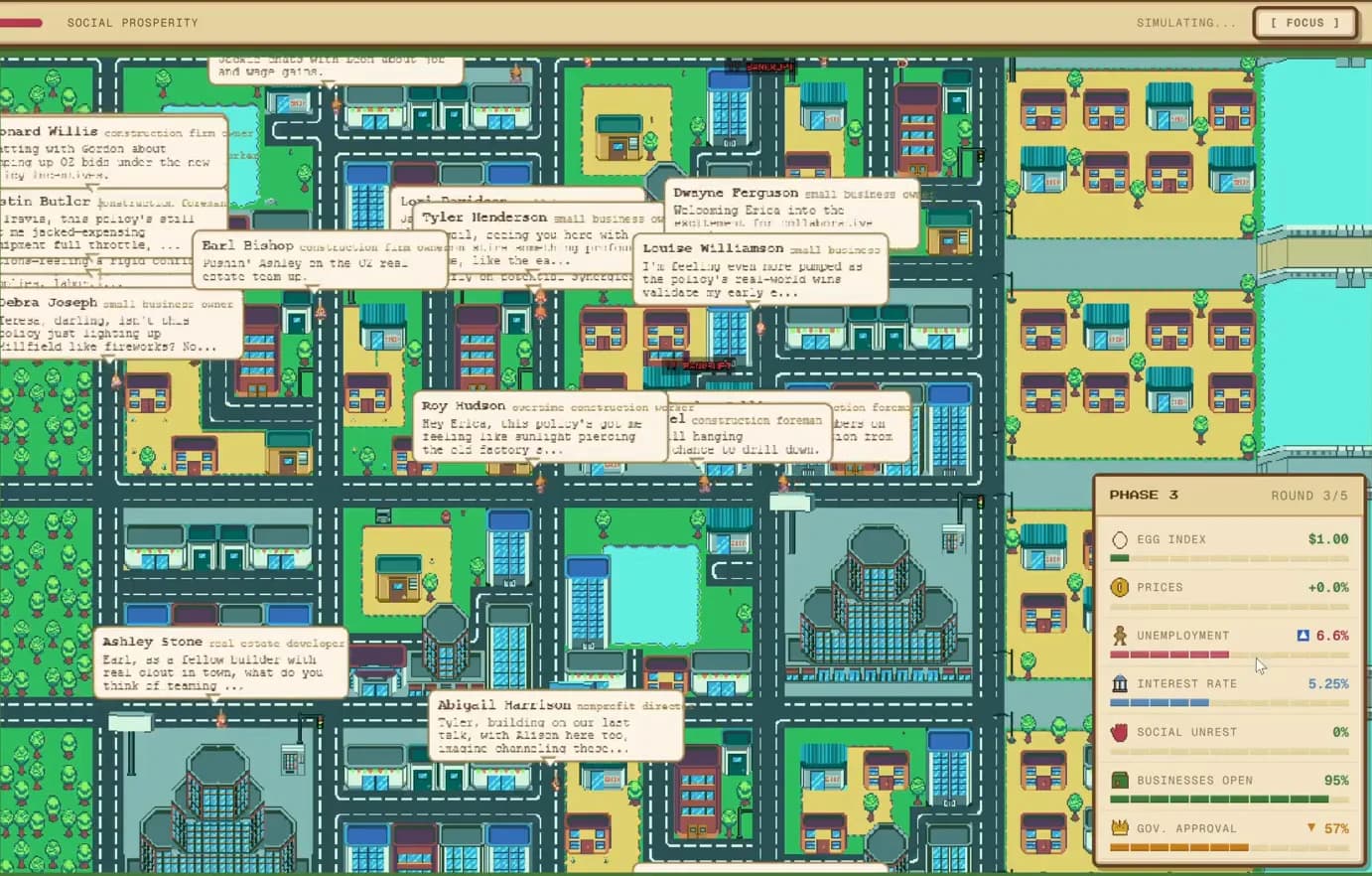 Simulacra running: a pixel-art city seen from above, its residents talking about the policy in speech bubbles, beside the economy panel for phase 3, round 3 of 5.