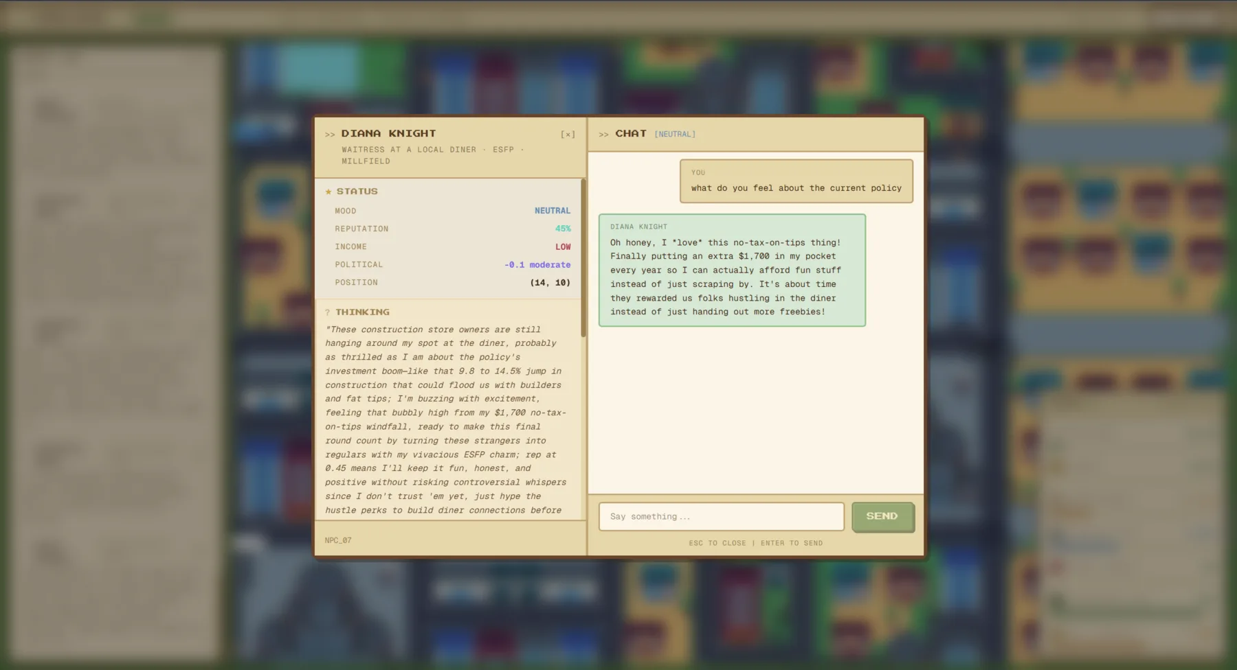 An agent’s profile, a waitress with mood, income and political lean, beside a chat where the user asks her about the policy.