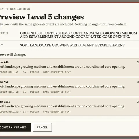 Arkiba’s review screen for the synthetic Northstar Residences bill, with a dialog previewing one Level 5 classification correction applied to three identical rows.