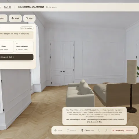 The FRIDAY editor inside a furnished Parisian apartment, with a panel comparing three bedroom designs priced at $851, $885 and $905.
