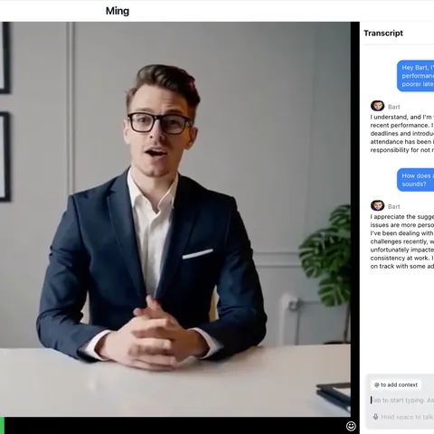 Ming’s role-play screen: scenario brief and documents on the left, a video of the employee character in the center, live transcript on the right.