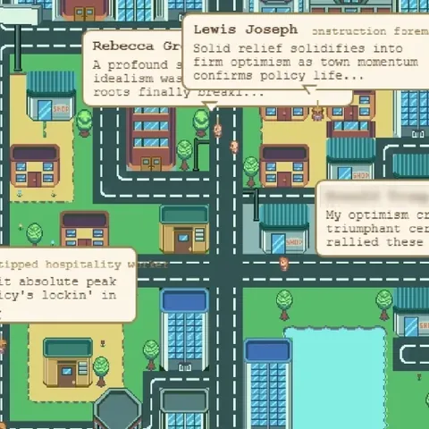Simulacra mid-run: an event log of agents chatting about the policy on the left, a pixel-art city with speech bubbles from residents in the middle, and an economy panel on the right showing round 4 of 5.